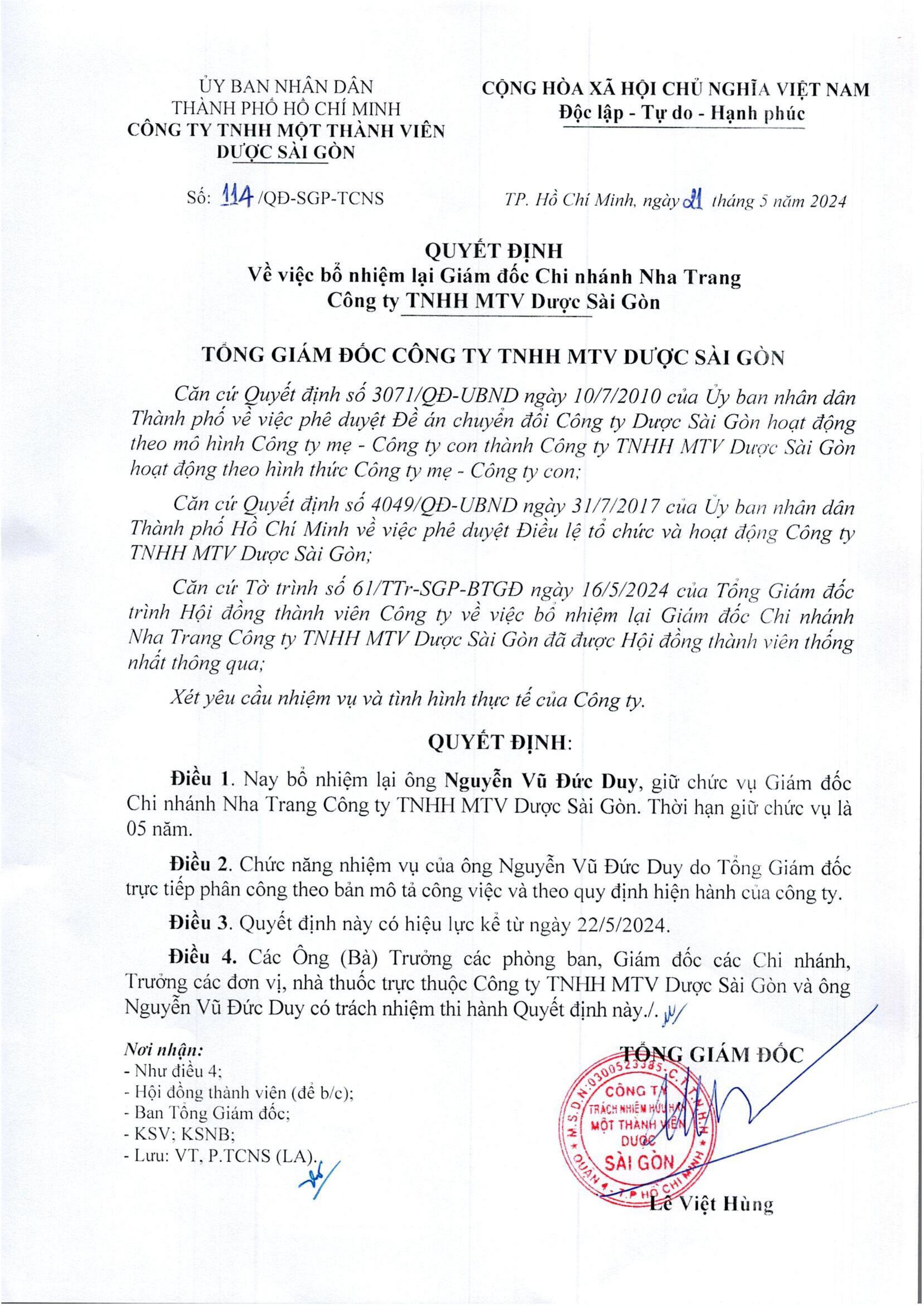 Sapharco công bố quyết định bổ nhiệm lại Giám đốc Chi nhánh Nha Trang