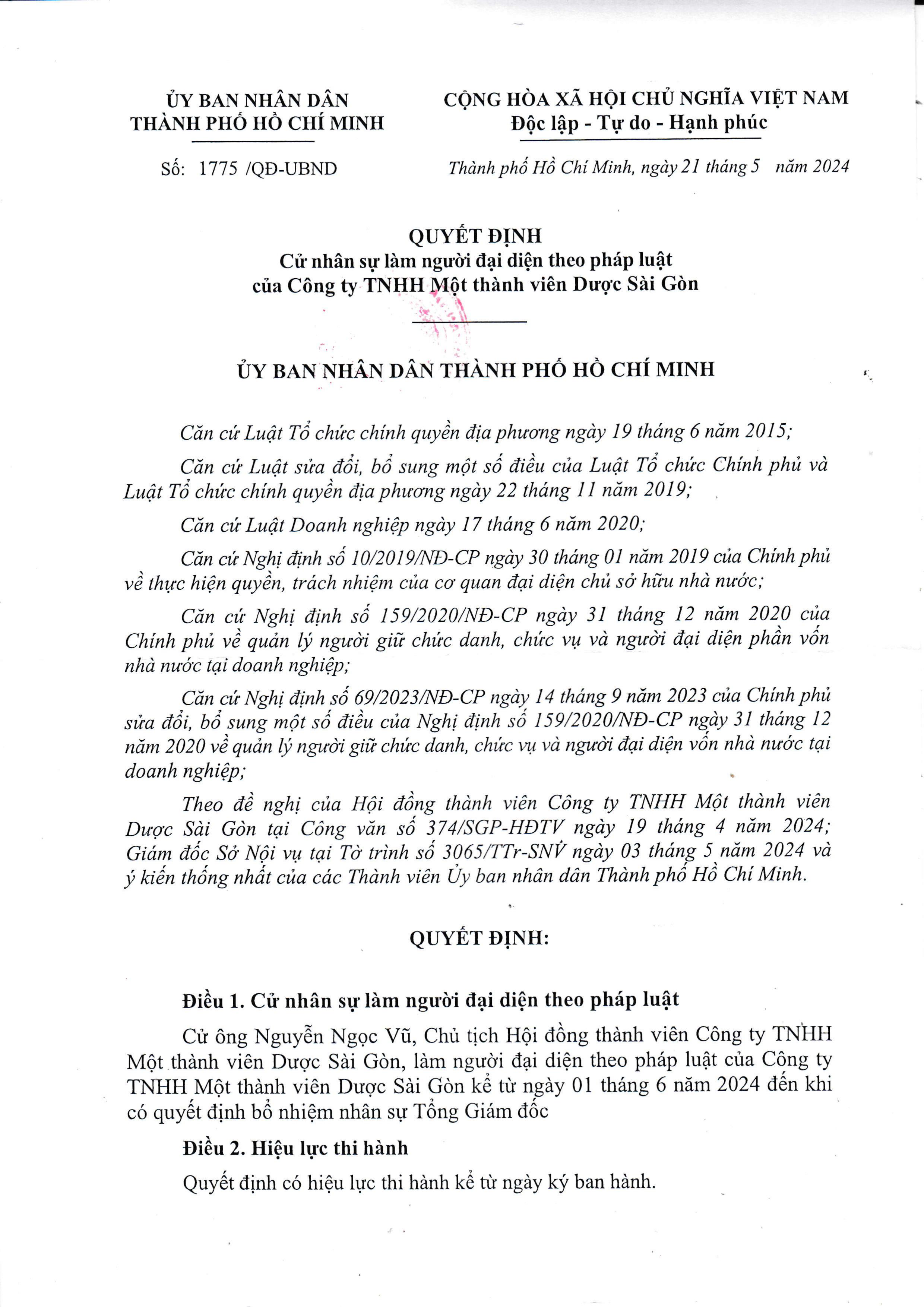 Quyết định Cử nhân sự làm người đại diện theo pháp luật của Công ty TNHH MTV Dược Sài Gòn