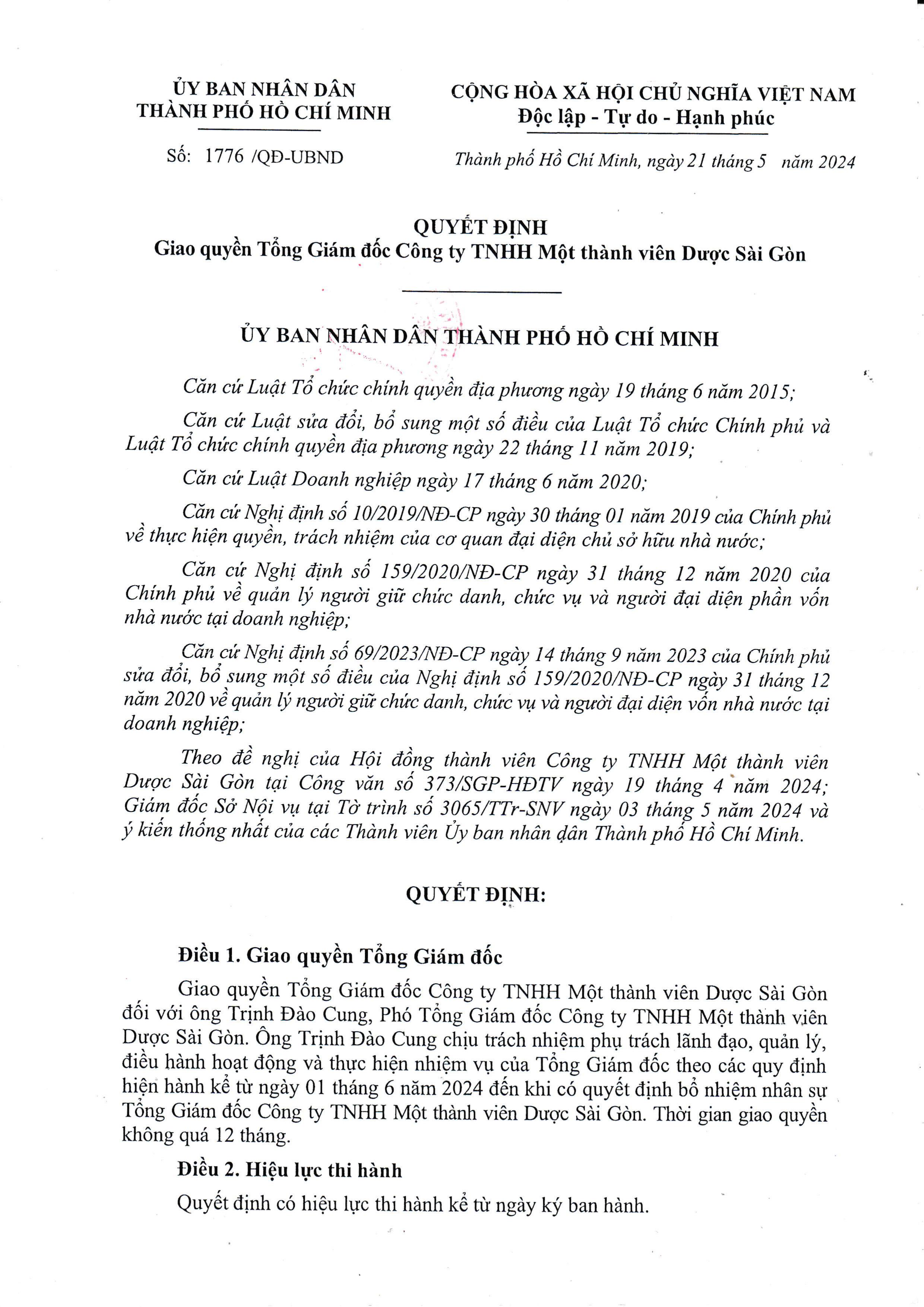 Quyết định Giao quyền Tổng Giám đốc Công ty TNHH MTV Dược Sài Gòn