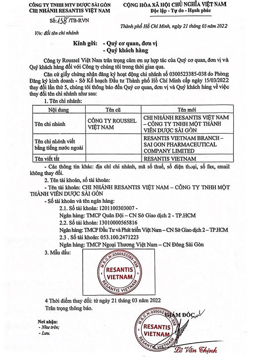 Chi nhánh  Resantis Việt Nam - Công ty TNHH MTV Dược Sài Gòn tiền thân là Công ty  Roussel Việt Nam