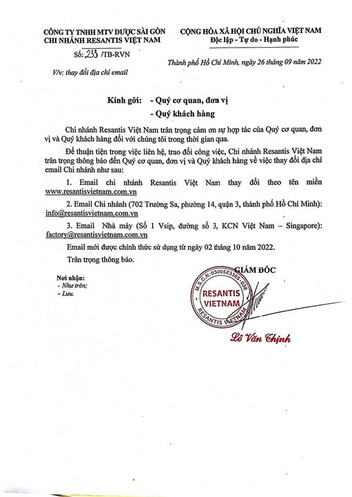 Chi nhánh  Resantis Việt Nam - Công ty TNHH MTV Dược Sài Gòn tiền thân là Công ty  Roussel Việt Nam