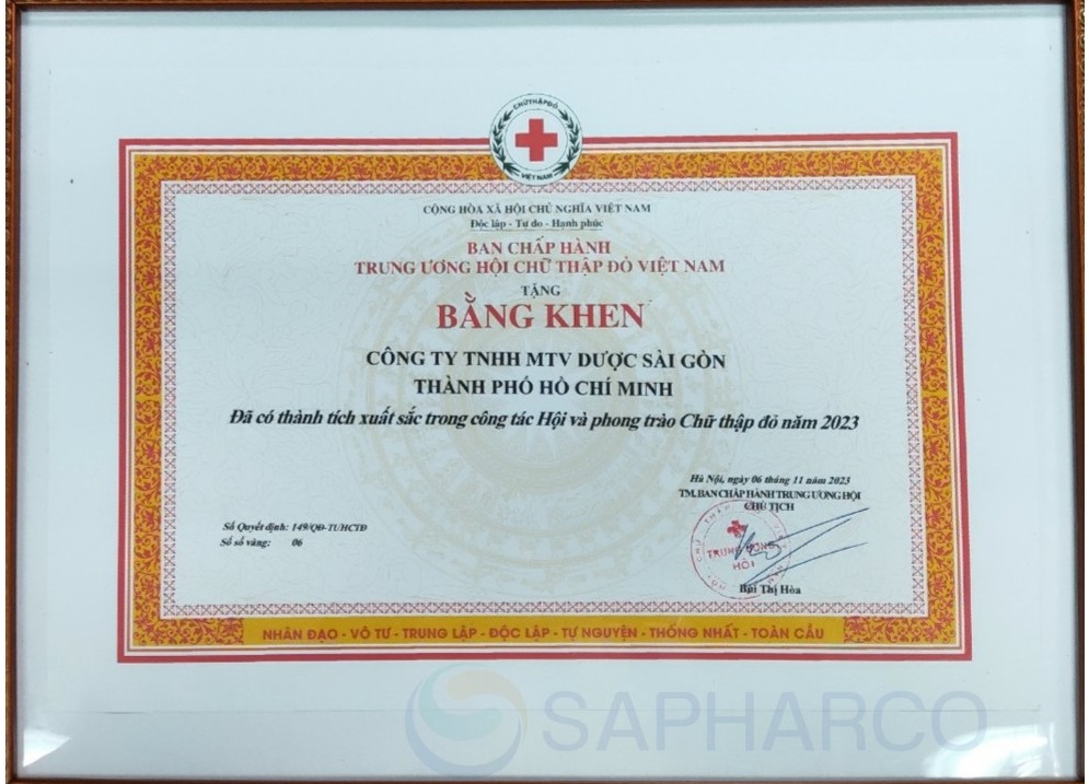 SAPHARCO vinh dự nhận bằng khen của Ban Chấp hành Trung ương Hội Chữ thập đỏ Việt Nam SAPHARCO vinh dự nhận bằng khen của Ban Chấp hành Trung ương Hội Chữ thập đỏ Việt Nam