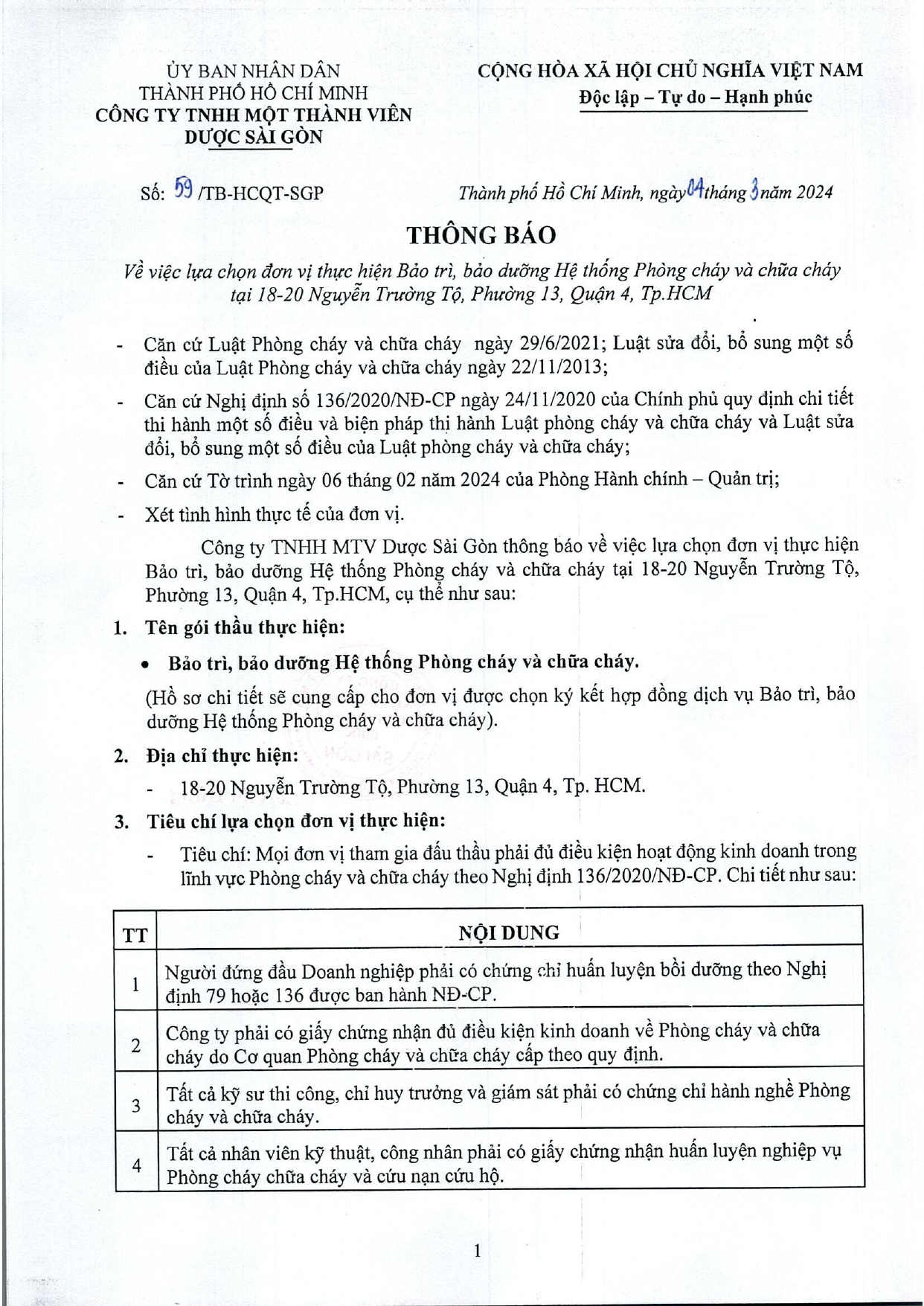 SAPHARCO Thông báo lựa chọn đơn vị thực hiện Bảo trì, bảo dưỡng Hệ thống Phòng cháy và chữa cháy tại Quận 4 SAPHARCO Thông báo lựa chọn đơn vị thực hiện Bảo trì, bảo dưỡng Hệ thống Phòng cháy và chữa cháy tại Quận 4