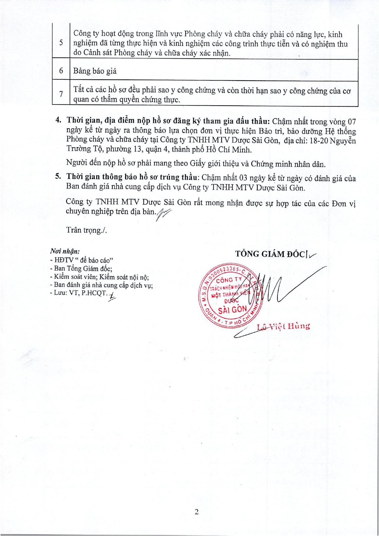 SAPHARCO Thông báo lựa chọn đơn vị thực hiện Bảo trì, bảo dưỡng Hệ thống Phòng cháy và chữa cháy tại Quận 4