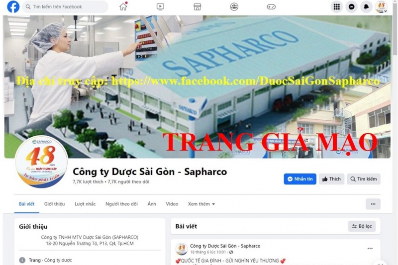 Công ty TNHH MTV Dược Sài Gòn cảnh báo hiện tại có một số trang Facebook, Fanpage giả mạo thương hiệu Sapharco