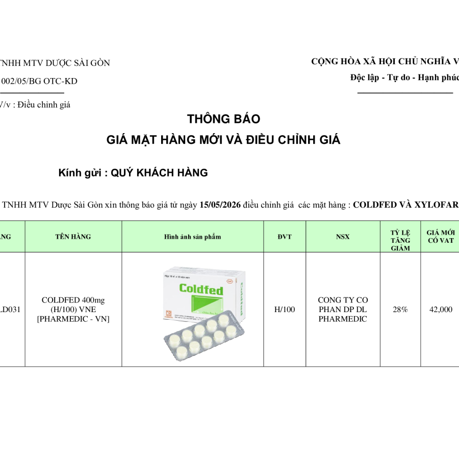 Thông báo tăng giá